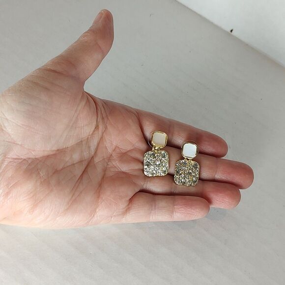 Gold Tone Metal Colorless Rhinestones Pearl Tone Stud Dangle Drop Earrings S925 - Picture 7 of 16